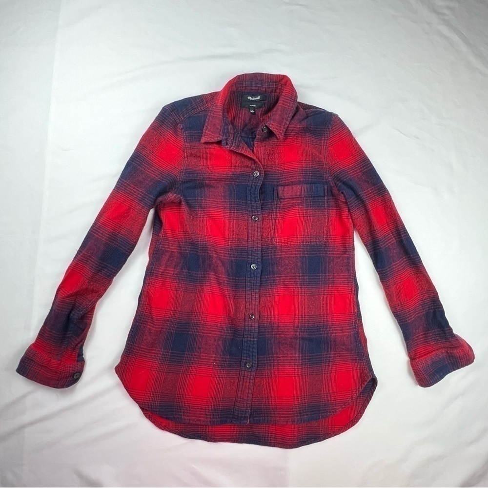 Madewell - Women’s Fleece Button Down - Blue and Red - Medium